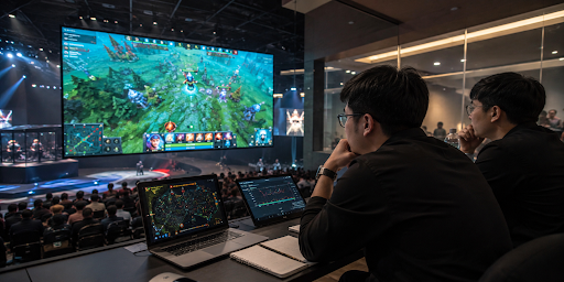Two people review esports match data at a brightly lit tournament arena